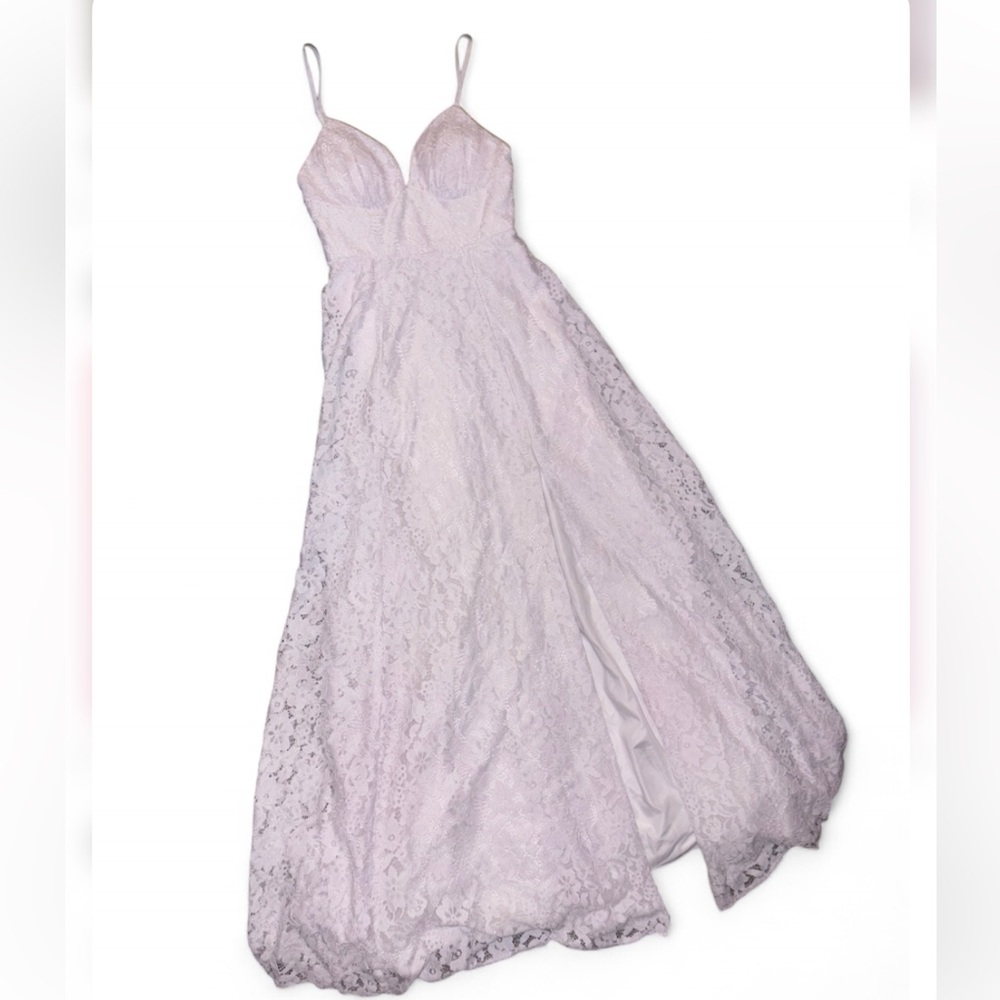 Azazie Spaghetti Strap Lace Maxi Dress in bright white